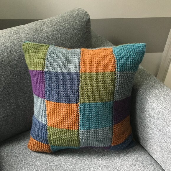 Handmade Tunisian Crocheted Multi-Colored Square Checkerboard Accent Pillow - Picture 4 of 16